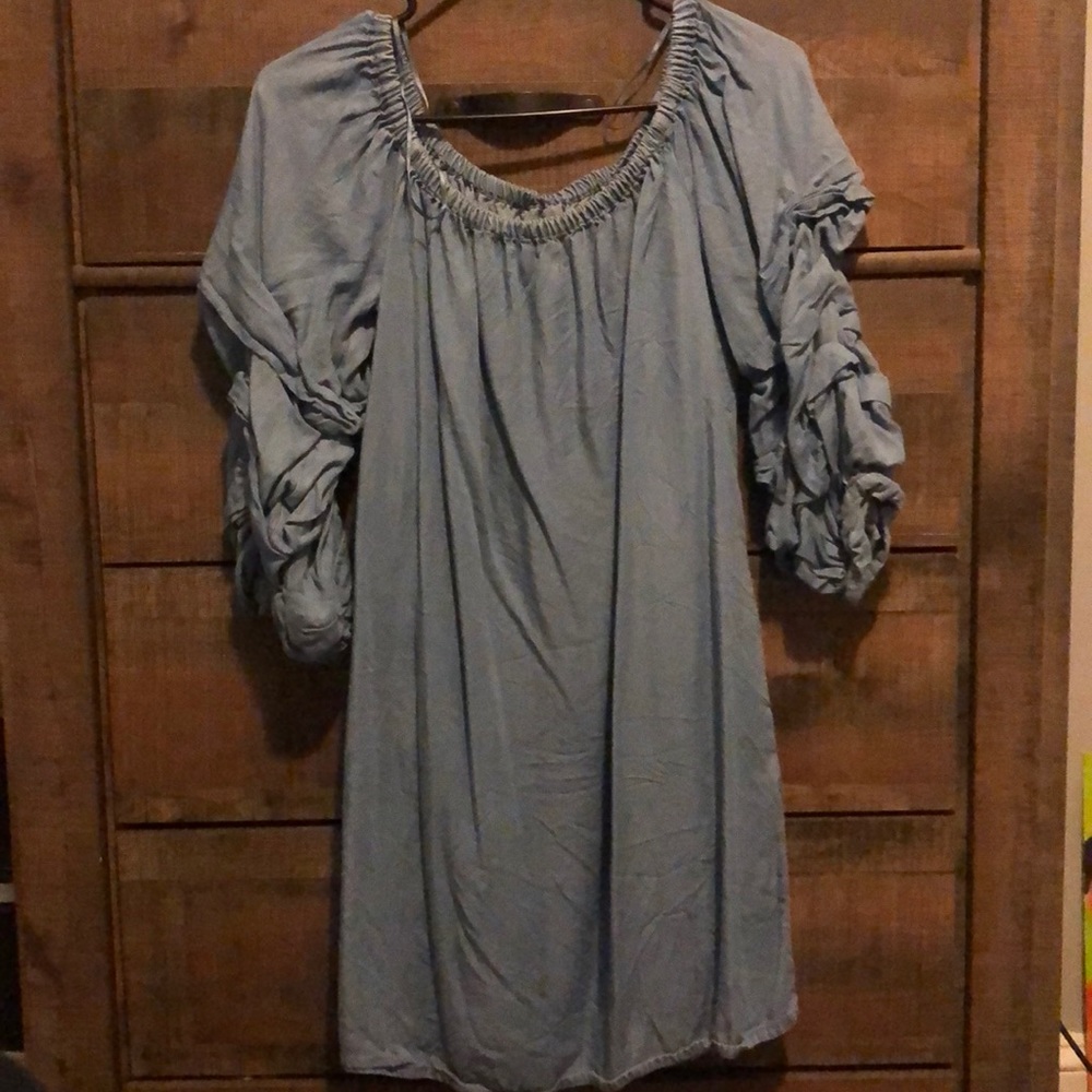 Off shoulder Denim Dress w/ Pockets/ruffle sleeves